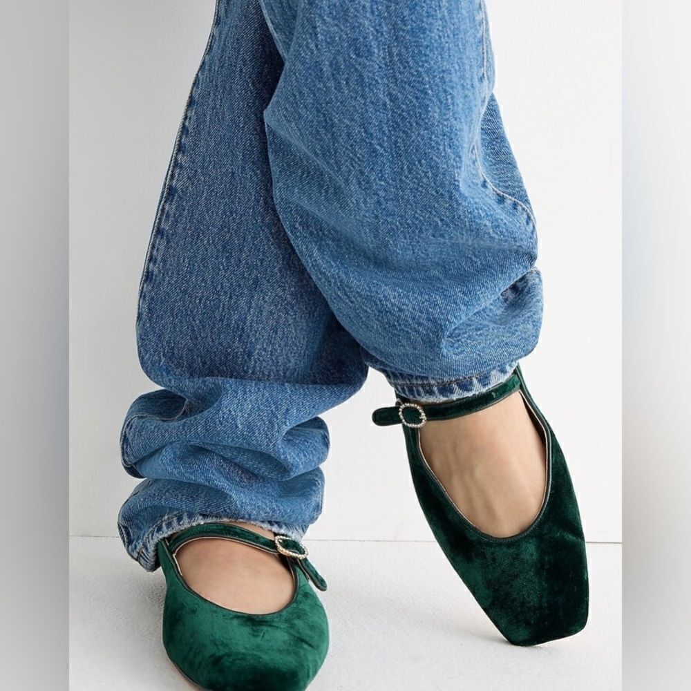 J Crew Anya Mary Jane Flats in Emerald Velvet NIB